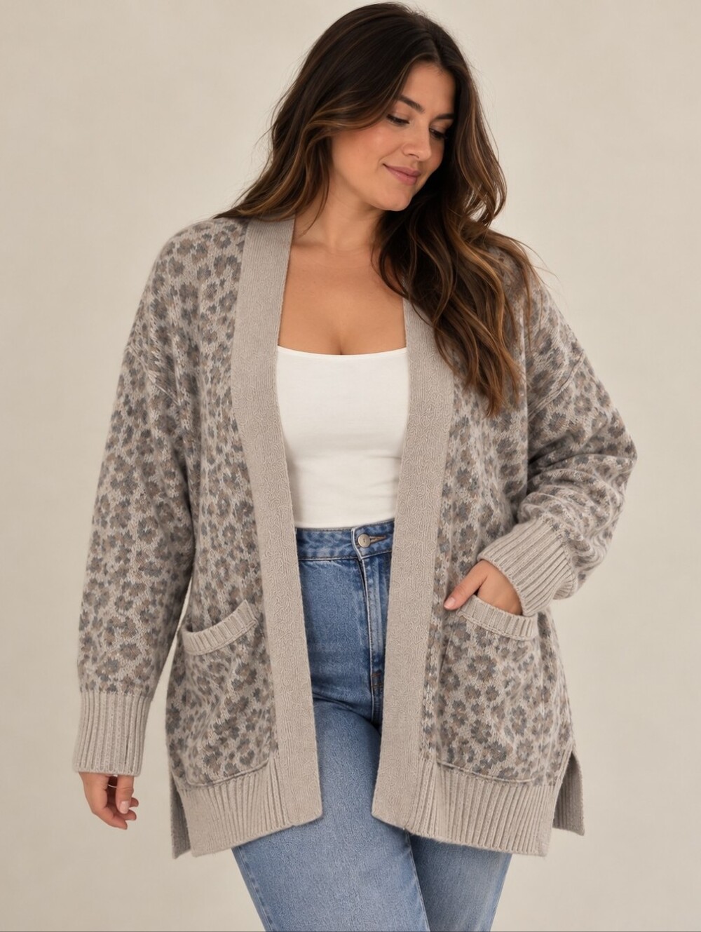 Abercrombie & Fitch Light Grey Leopard Print Open Slouchy Relaxed Cardigan
